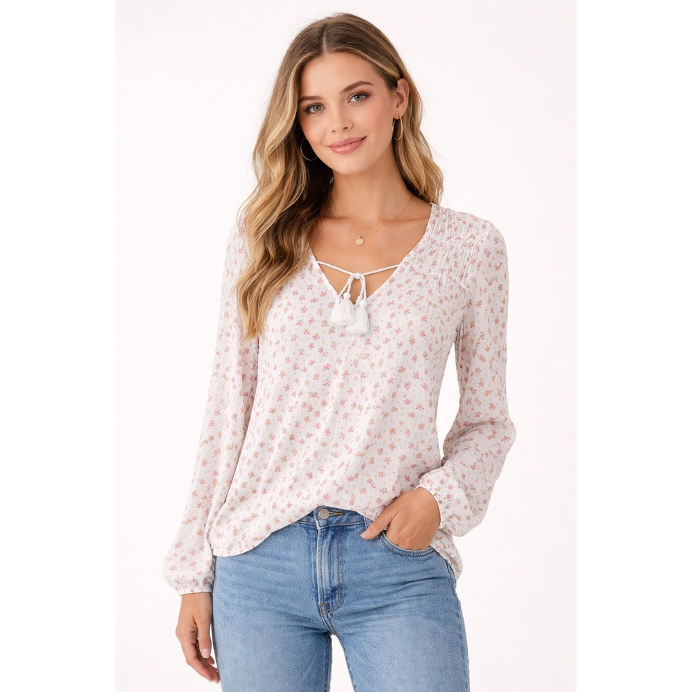 Lucky Brand Cream Floral Tie-Front Peasant Blouse